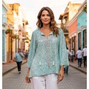 Chicos Embroidered Tunic Blouse Top Sz 1 8/10 Teal Silver Travel Coastal Beach